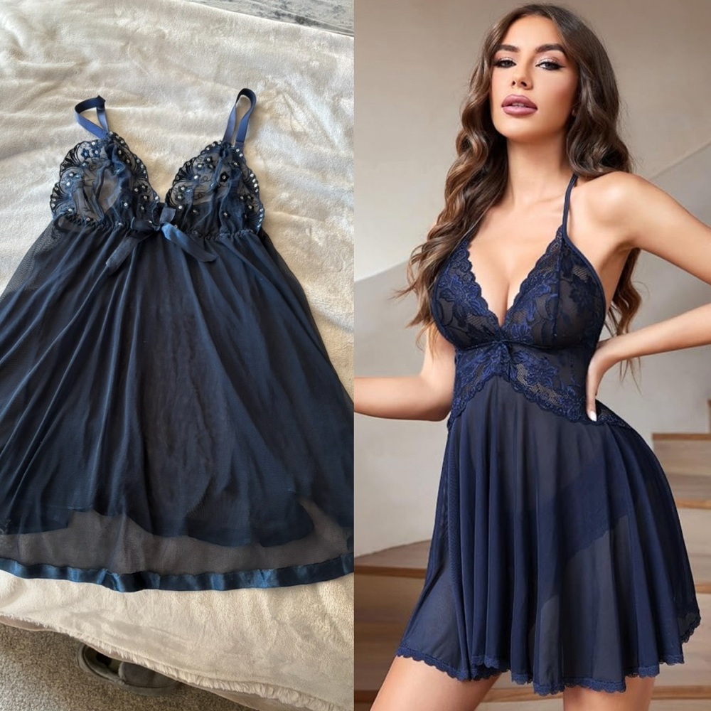 Elegant Vintage Plus Size Navy Blue Lace Nightie